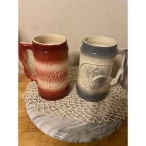 Vintage 1950s Budweiser McCoy Pottery "Throw Away" Tasting Mugs Steins - Pair of